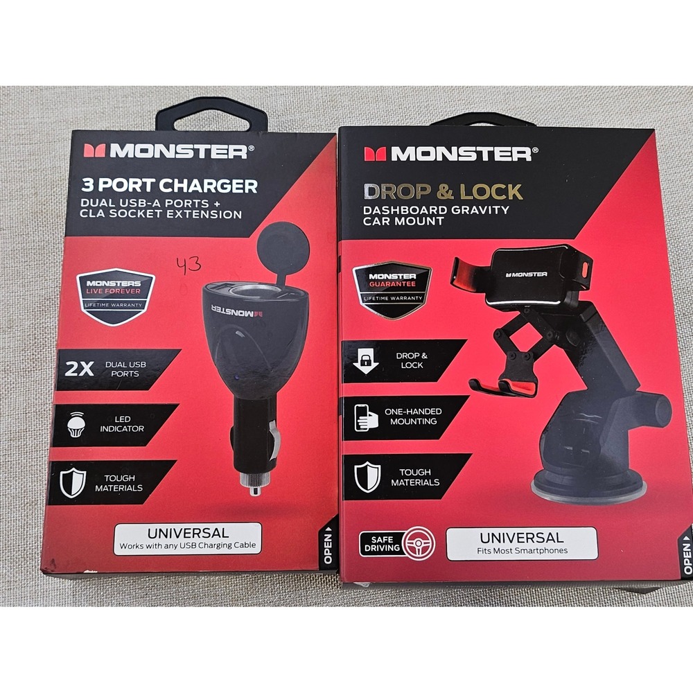 Monster 3 Port Charger‎ Dual USB Socket Extension & Car Mount Drop Lock Lot